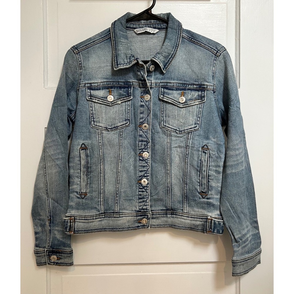 Zara Basic Z1975 Denim Light Wash Distressed Button Front Jacket Small